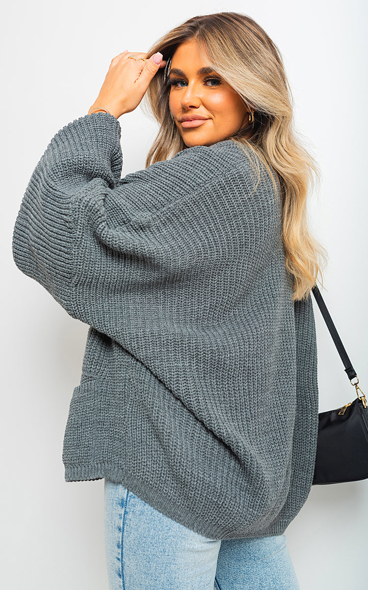 Knitted Balloon Sleeve Cardigan - Black River UK
