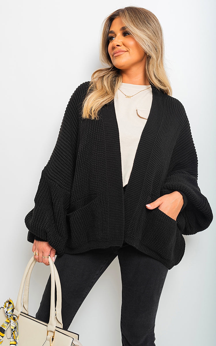 Knitted Balloon Sleeve Cardigan - Black River UK