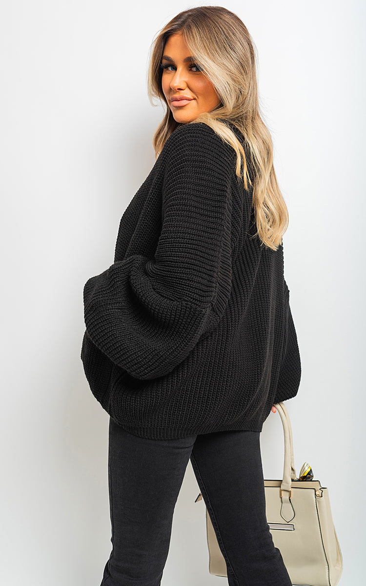 Knitted Balloon Sleeve Cardigan - Black River UK