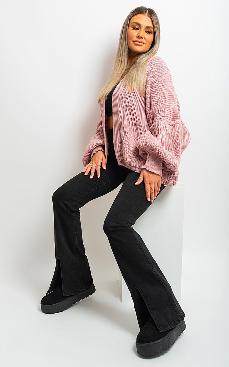 Knitted Balloon Sleeve Cardigan - Black River UK