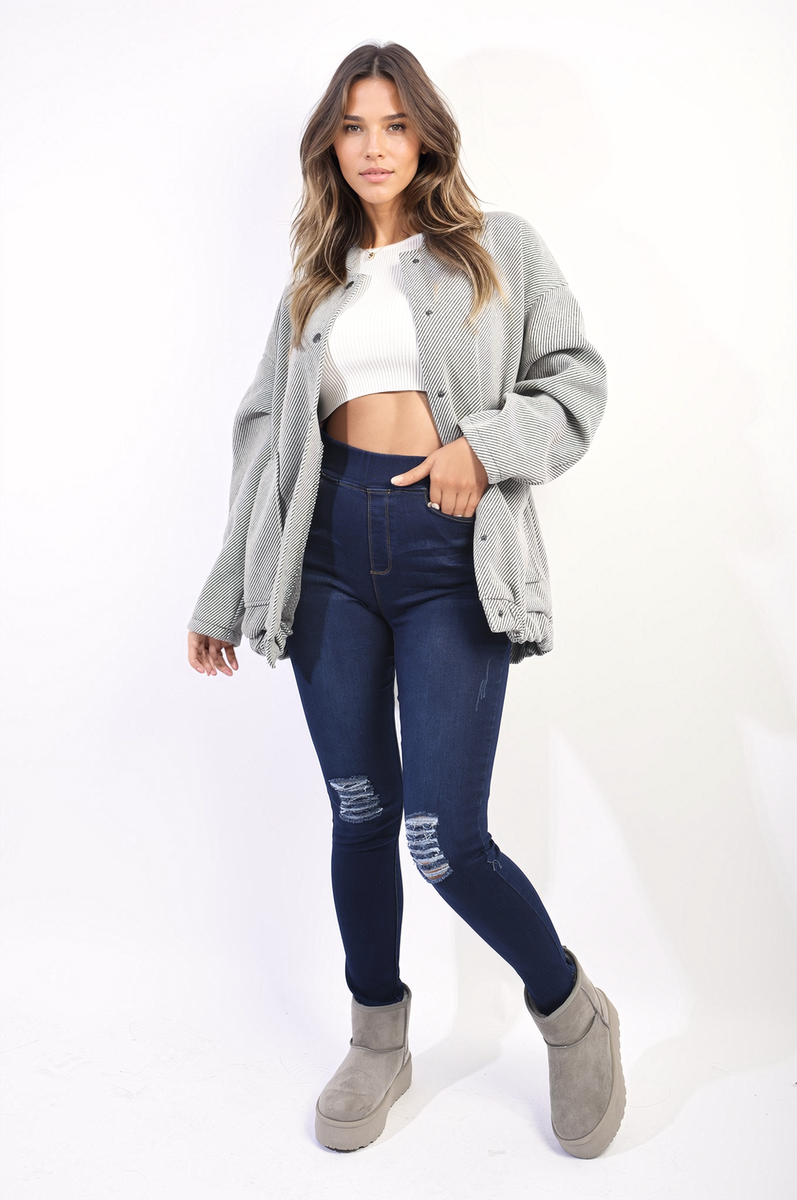 High Waisted Ripped Skinny Jeggings - Black River UK