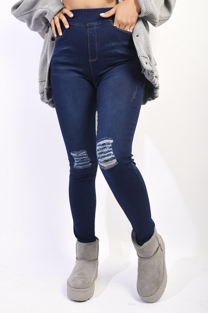 High Waisted Ripped Skinny Jeggings - Black River UK