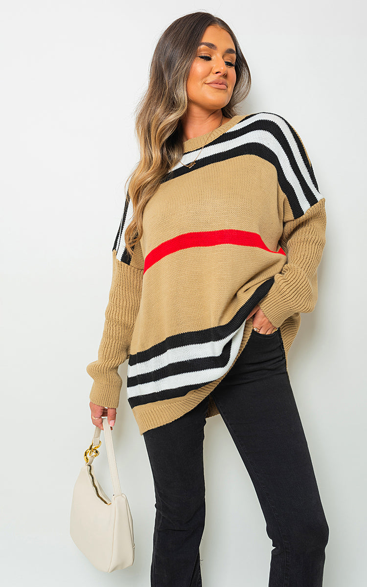 Oversized Striped Long Sleeve Knitted Jumper - Black River UK
