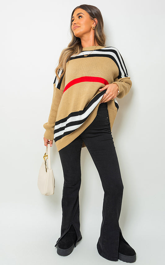 Oversized Striped Long Sleeve Knitted Jumper - Black River UK