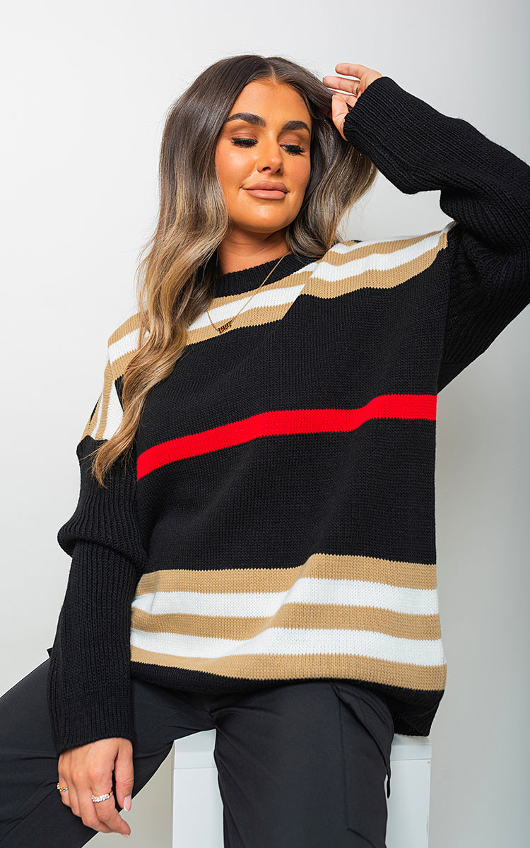 Oversized Striped Long Sleeve Knitted Jumper - Black River UK