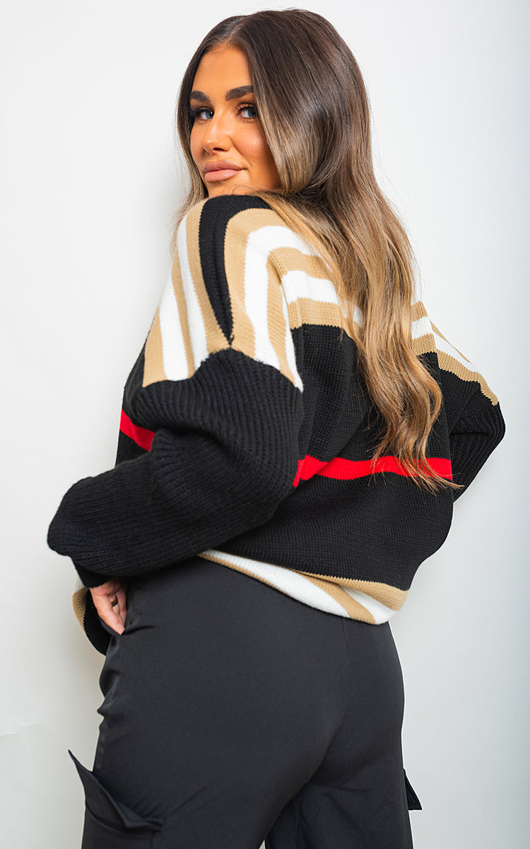 Oversized Striped Long Sleeve Knitted Jumper - Black River UK