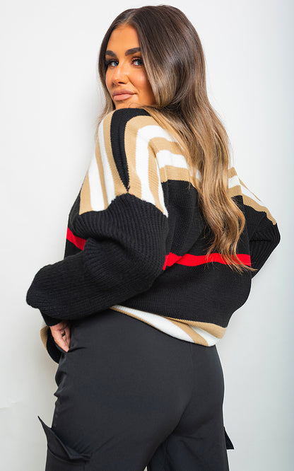Oversized Striped Long Sleeve Knitted Jumper - Black River UK