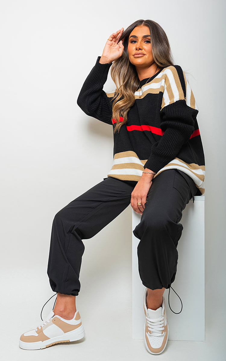 Oversized Striped Long Sleeve Knitted Jumper - Black River UK