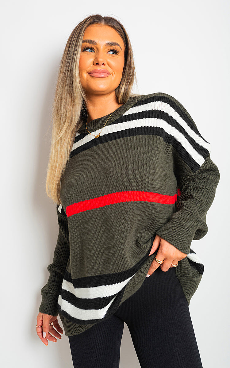 Oversized Striped Long Sleeve Knitted Jumper - Black River UK