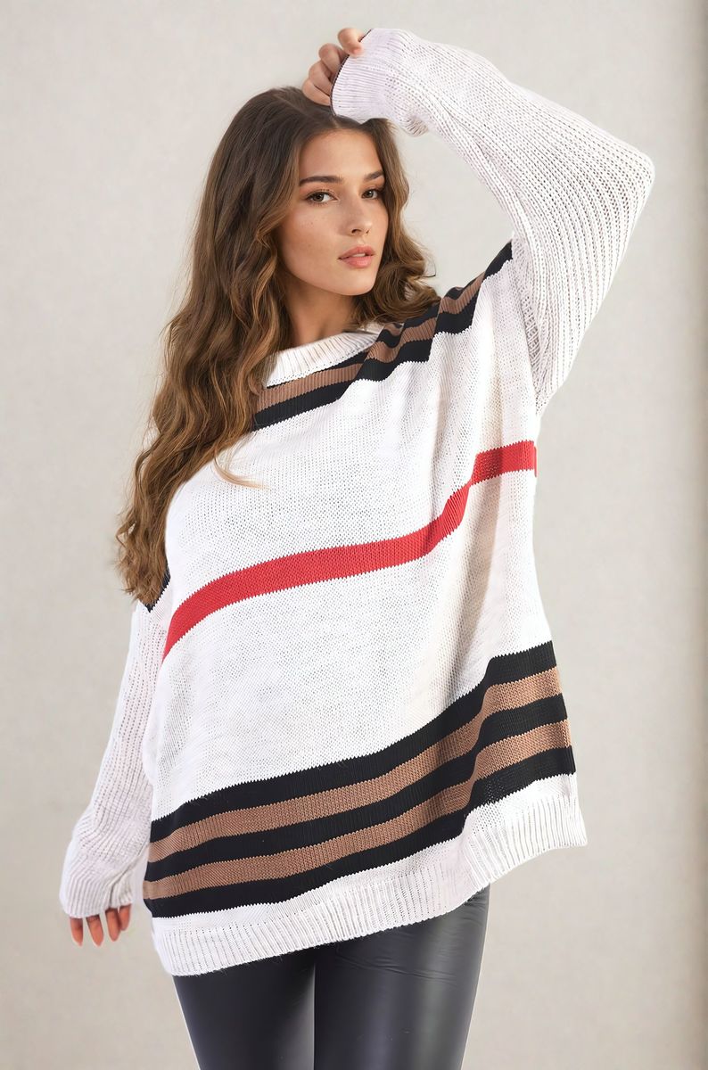 Oversized Striped Long Sleeve Knitted Jumper - Black River UK