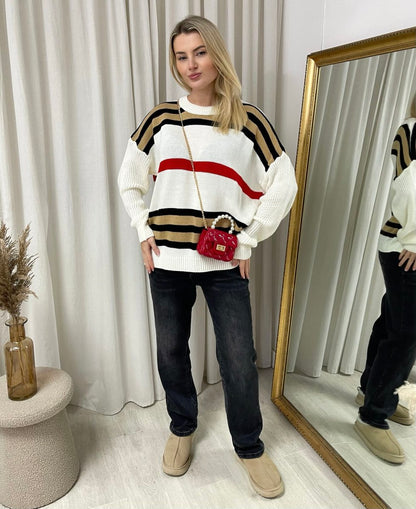 Oversized Striped Long Sleeve Knitted Jumper - Black River UK