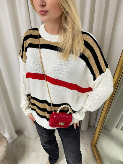 Oversized Striped Long Sleeve Knitted Jumper - Black River UK