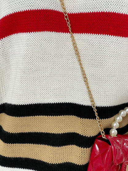 Oversized Striped Long Sleeve Knitted Jumper - Black River UK
