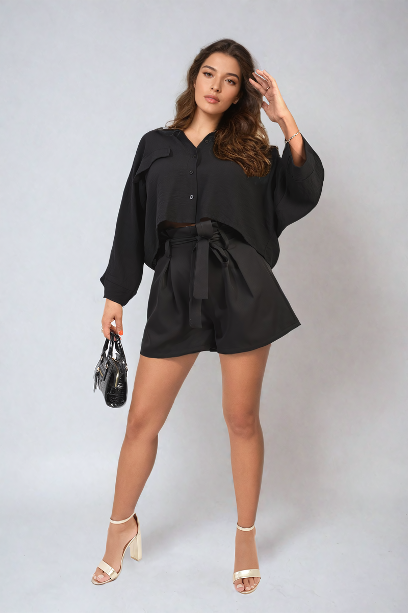 High Waist Tie Belt Paper Bag Shorts - Black River UK