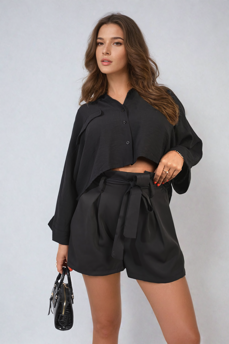 High Waist Tie Belt Paper Bag Shorts - Black River UK