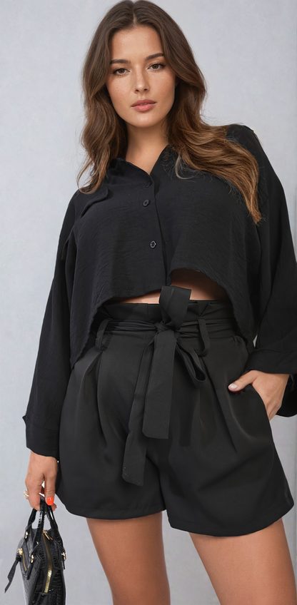 High Waist Tie Belt Paper Bag Shorts - Black River UK