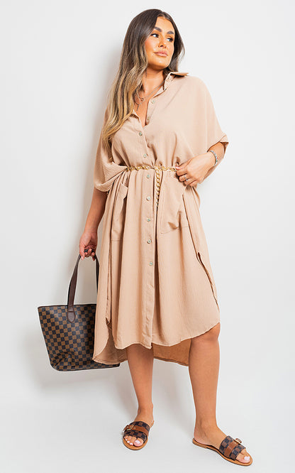 Button Down Collared Midi Dress with Two Front Pockets - Black River UK