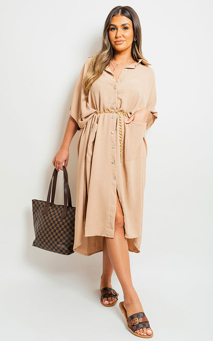 Button Down Collared Midi Dress with Two Front Pockets - Black River UK