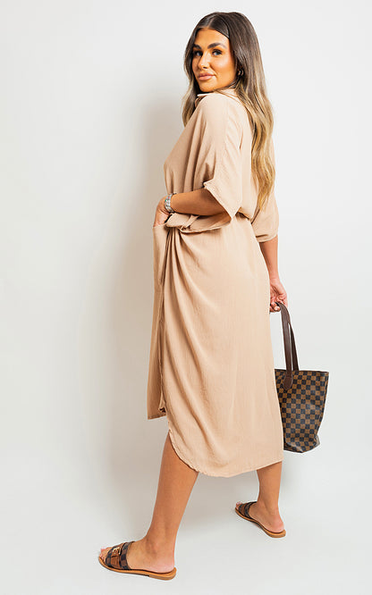 Button Down Collared Midi Dress with Two Front Pockets - Black River UK