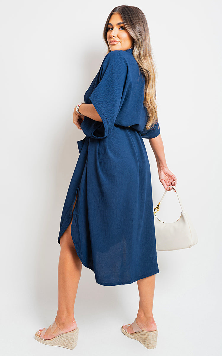Button Down Collared Midi Dress with Two Front Pockets - Black River UK