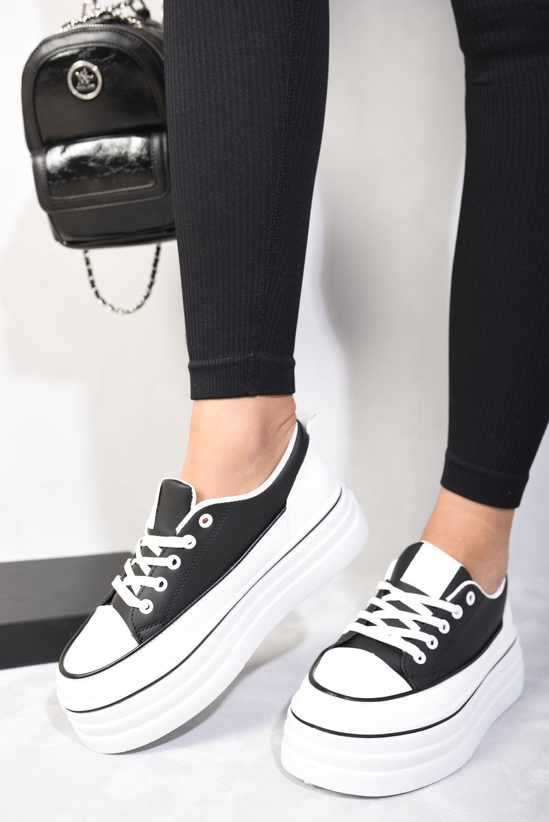 Platform Wedge Lace Up Trainers - Black River UK
