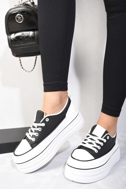 Platform Wedge Lace Up Trainers - Black River UK