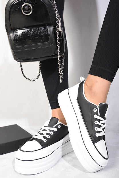 Platform Wedge Lace Up Trainers - Black River UK