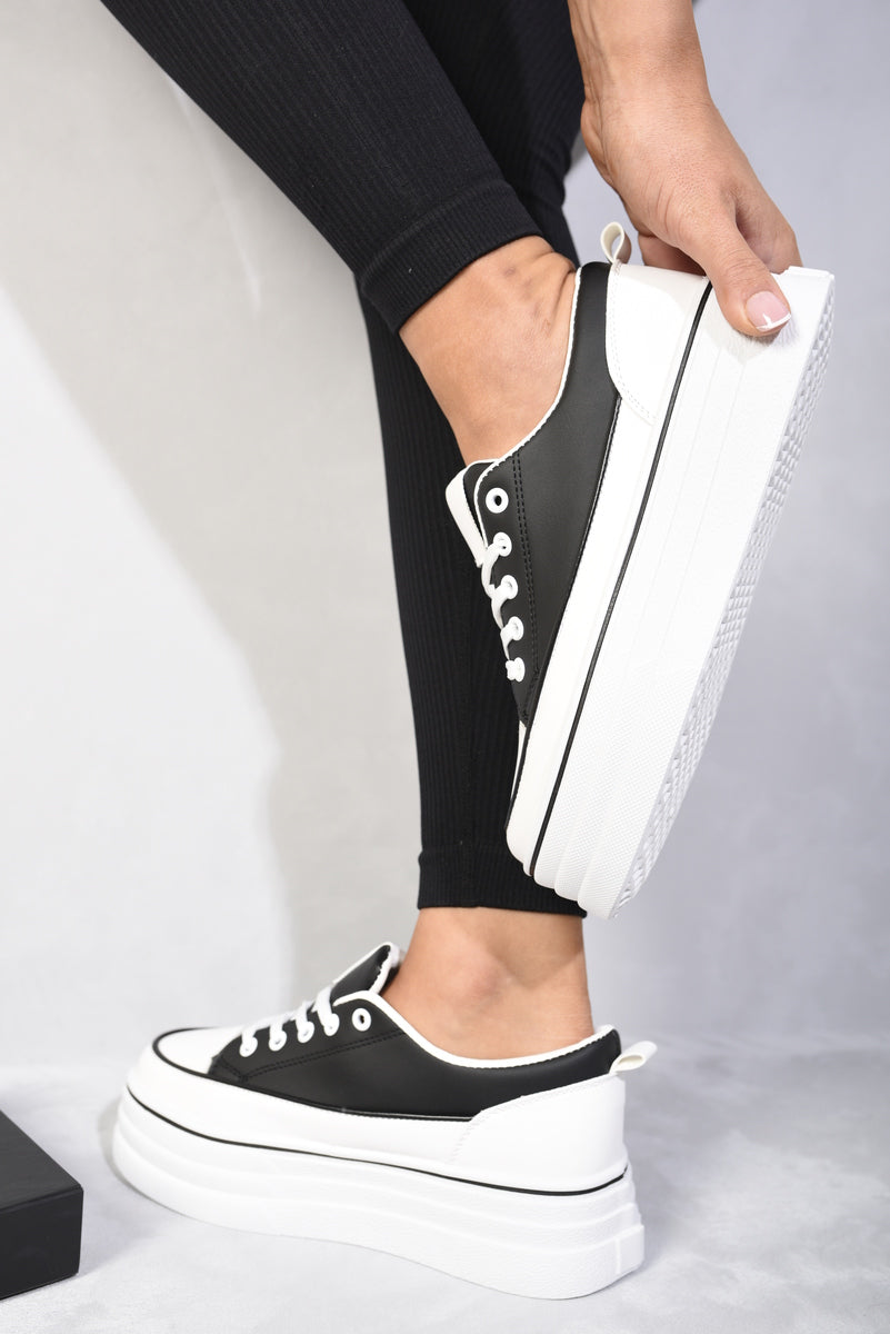 Platform Wedge Lace Up Trainers - Black River UK