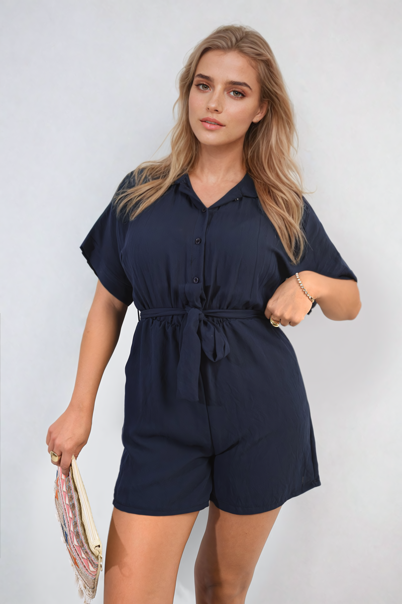 Buttoned Tie Waist Romper - Black River UK