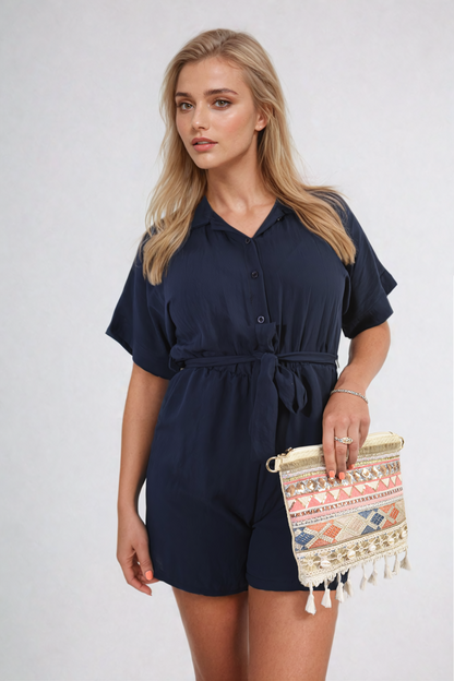 Buttoned Tie Waist Romper - Black River UK