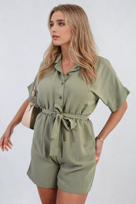 Buttoned Tie Waist Romper - Black River UK