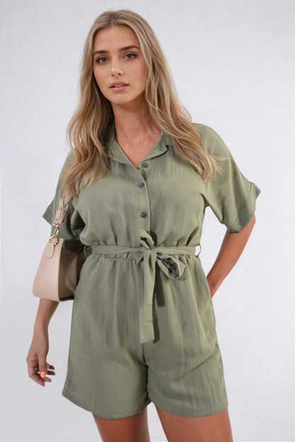 Buttoned Tie Waist Romper - Black River UK