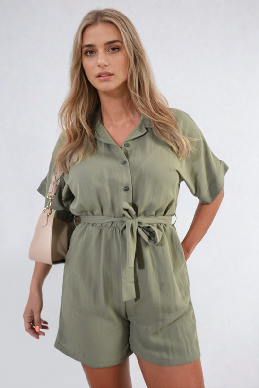 Buttoned Tie Waist Romper - Black River UK
