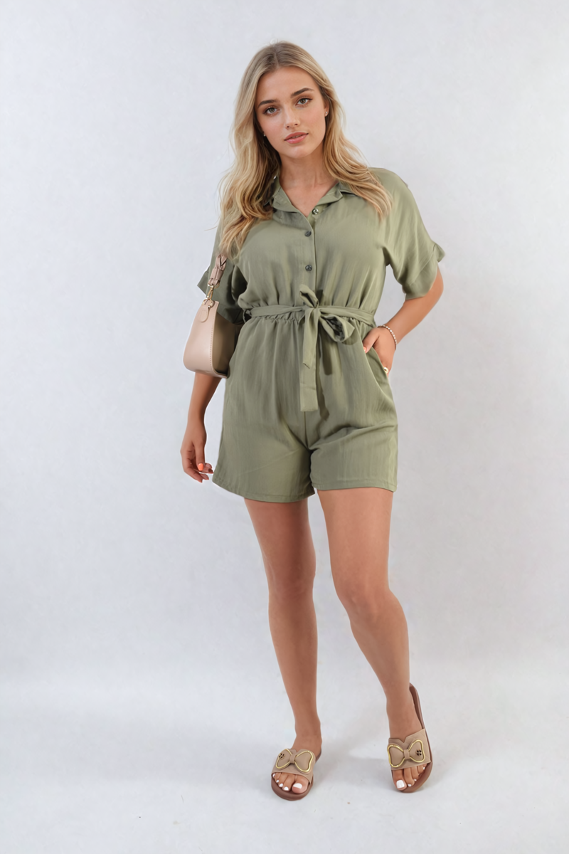 Buttoned Tie Waist Romper - Black River UK
