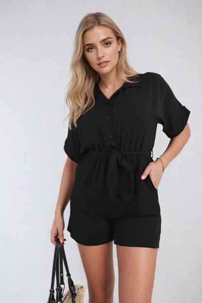 Buttoned Tie Waist Romper - Black River UK