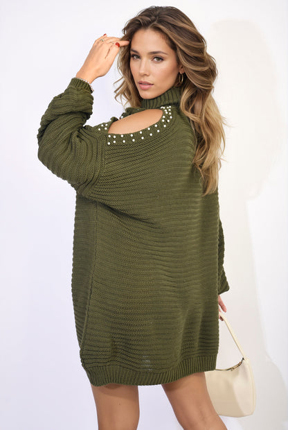 High Neck Oversized Open Shoulder Long Sleeve Knitted Jumper - Black River UK