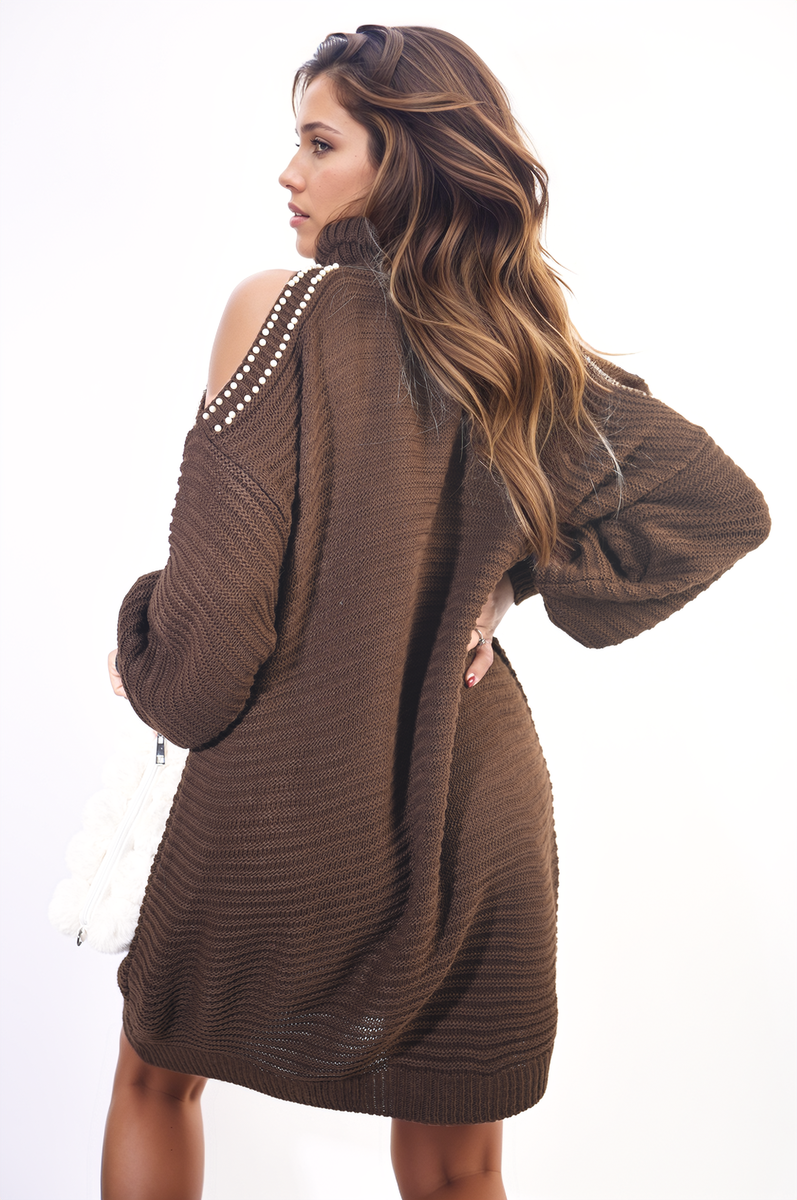 High Neck Oversized Open Shoulder Long Sleeve Knitted Jumper - Black River UK