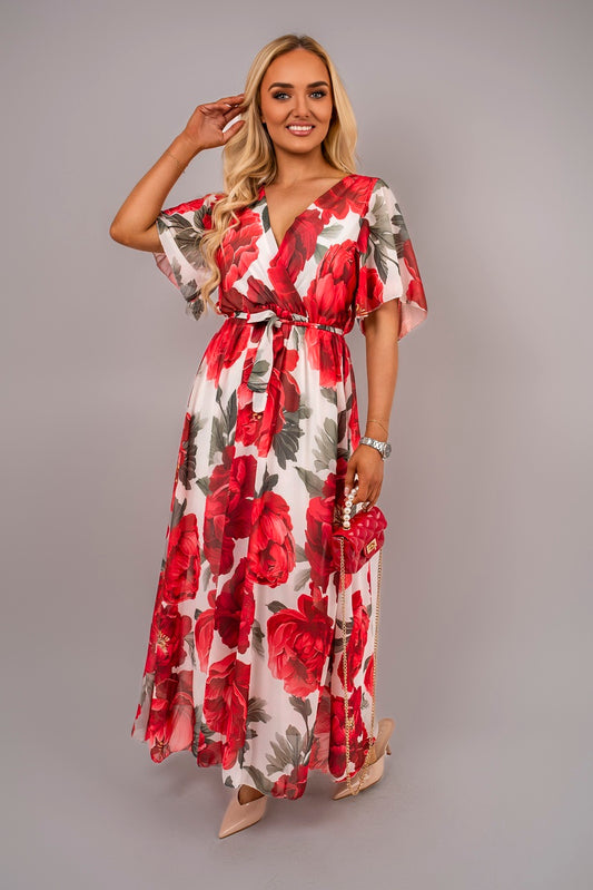 Floral V Neck Short Sleeve Maxi Dress with Tie Waist - Black River UK