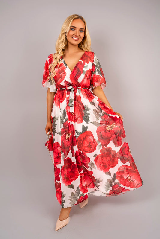 Floral V Neck Short Sleeve Maxi Dress with Tie Waist - Black River UK