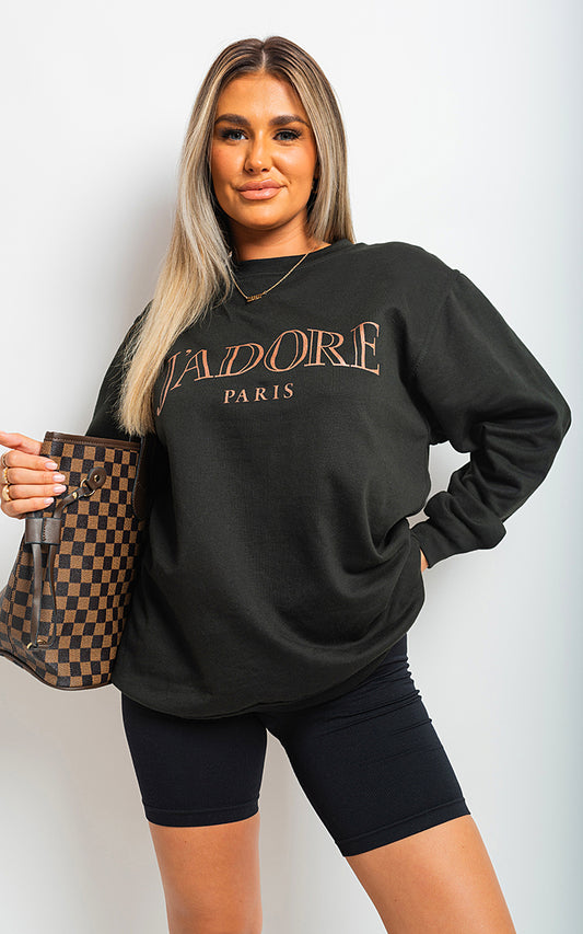 J'Adore Paris Print Oversized Jumper Top - Black River UK