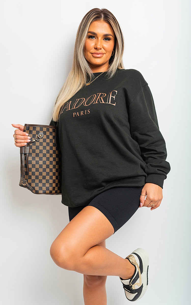 J'Adore Paris Print Oversized Jumper Top - Black River UK