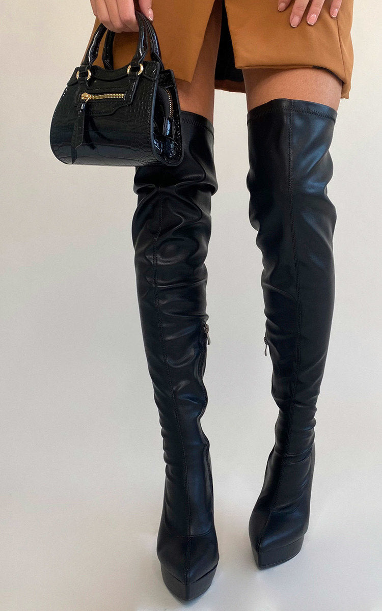 Knee High Pointed Heel Boots with Zip Detail - Black River UK
