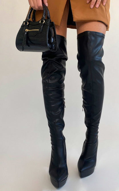 Knee High Pointed Heel Boots with Zip Detail - Black River UK