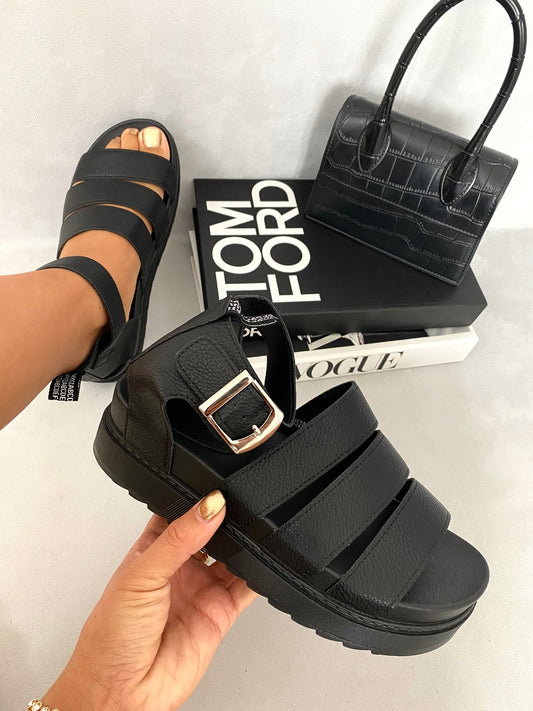 Strappy Gladiator Chunky Sandals - Black River UK
