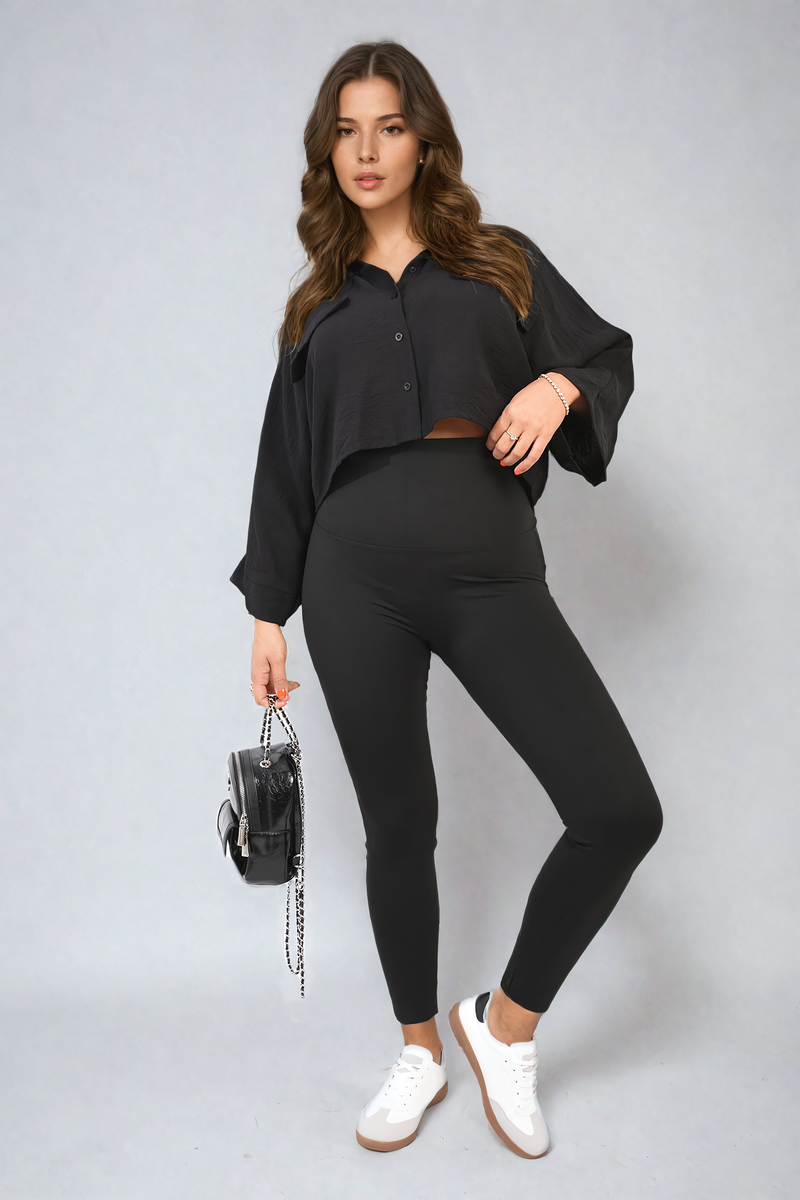 High Waist Wide Waistband Leggings - Black River UK