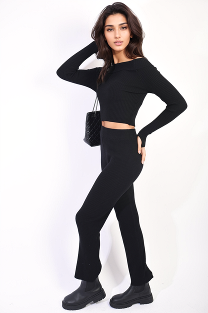 Knitted Long Sleeves Cropped Off Shoulder Top and Trousers Co-ord Set - Black River UK