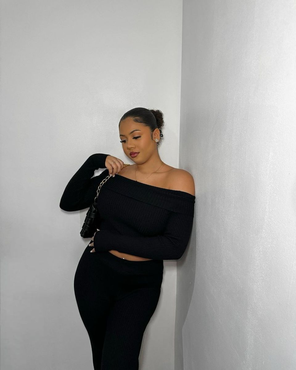 Knitted Long Sleeves Cropped Off Shoulder Top and Trousers Co-ord Set - Black River UK