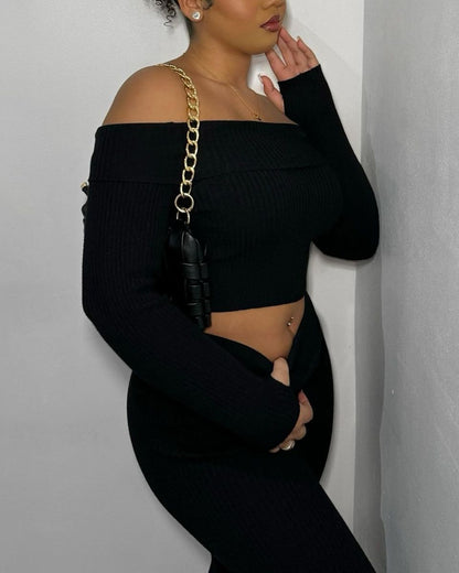 Knitted Long Sleeves Cropped Off Shoulder Top and Trousers Co-ord Set - Black River UK