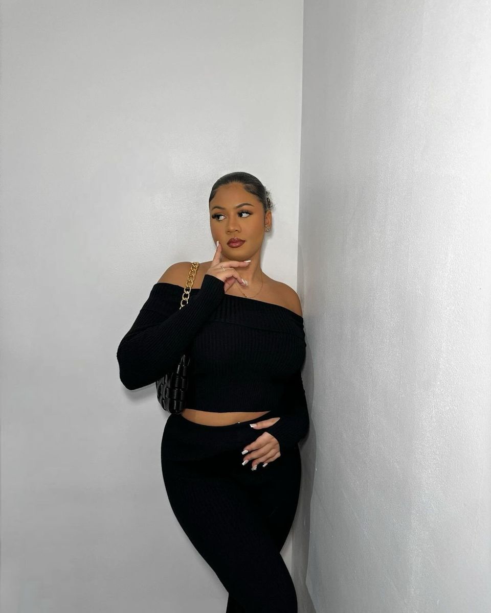 Knitted Long Sleeves Cropped Off Shoulder Top and Trousers Co-ord Set - Black River UK