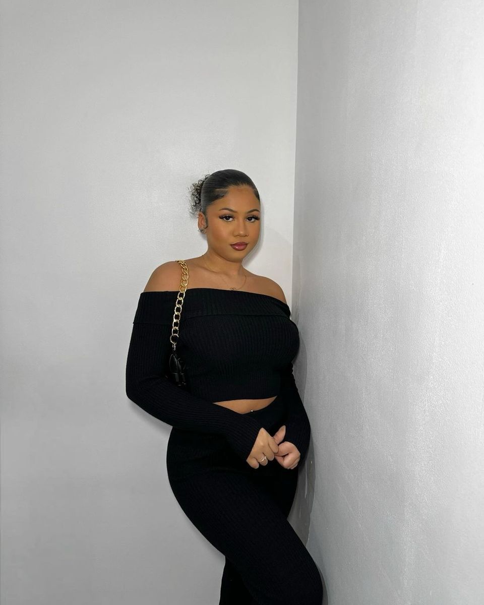 Knitted Long Sleeves Cropped Off Shoulder Top and Trousers Co-ord Set - Black River UK